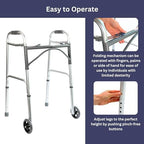 Foldable Lightweight Walker with 2 Wheels, Includes Ski Glides - Folding Design Ideal for Seniors and Elderly Adults - Adjustable for Tall Men and Women - Standing Handicap Mobility Aids