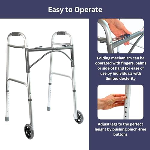 Foldable Lightweight Walker with 2 Wheels, Includes Ski Glides - Folding Design Ideal for Seniors and Elderly Adults - Adjustable for Tall Men and Women - Standing Handicap Mobility Aids