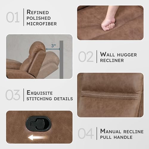Lexicon 38" W Manual Recliner Chair - Polished Microfiber Reclining Chair, Wall Hugger, Tab Pull Reclining, Comfort Armrests, for Living Room/Theater Seating/Apartment, Easy Assembly, Brown