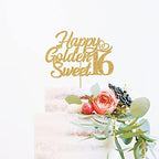 Happy Golden Sweet 16 Cake Topper - Happy 16th Birthday Cake Decorations - Sweet Sixteen, Hello 16, 16th Birthday Party Decorations Gold Glitter