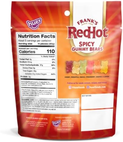 Huer - Frank's RedHot Original Spicy Gummy Bears 2 Pack - Sweet, Spicy, Salty, Fruity Easter Candy - 6 Flavors - A Fiery Twist on Classic Gummies - 4.93oz Bags (Pack of 2)