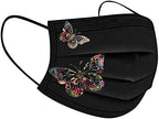 50pcs Black Disposable Face Masks, Masks with Butterfly Printed, 3-Ply Full Protection for Women Men Teen Girls