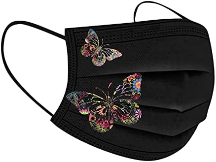 50pcs Black Disposable Face Masks, Masks with Butterfly Printed, 3-Ply Full Protection for Women Men Teen Girls