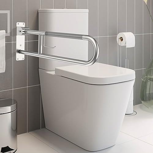 Toilet Grab Bar 30.3 Inch, YuanDe Brushed Nickel Anti-Slip Support Rail, U Shaped Flip-Up Grab Bar with Paper Holder, Stainless Steel Knurled Handicap Safety Handrails for Disabled Elderly Pregnant
