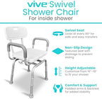 Vive Swivel Shower Chair for Inside Shower - Seat for Elderly, Disabled, Adults, Seniors - 360° Rotating, Narrow & Height Adjustable - Tub Bench Stool for Bathroom Mobility with Removable Back & Arms