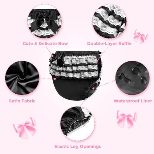 Littleforbig Washable Reusable Waterproof Ruffled Lace Bow Pretty in Black Satin Over Adult Diaper Cover XL