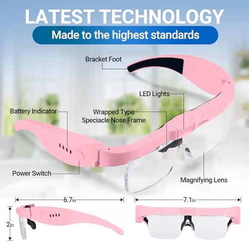 YOCTOSUN Magnifying Glasses with Light, Rechargeable Magnifying Headset with 5 Detachable Lenses 0.75X-4.0X and 3 LED Lights, Hands Free Headband Magnifier for Close Work Hobby Crafts Jewelry