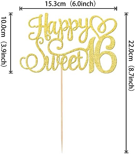 1 PCS Happy Sweet 16 Cake Topper Glitter 16th Birthday Cake Pick Cheers to 16 Years Cake Decoration for Happy 16th Birthday Anniversary Party Decorations Supplies Gold