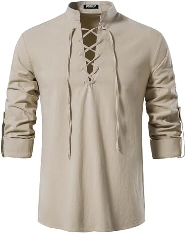 JEMITOP Men's Pure Cotton Retro Lace Up Shirts for Renaissance Pirate Medieval Viking