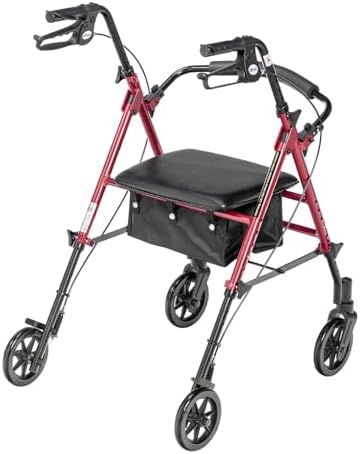 Drive Medical RTL10261RD Foldable Rollator Walker with Seat - Adjustable Handles and Seat, Red