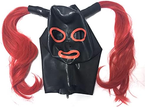 Black Latex Hood with Red Trim with Double Red Ponytail Wigs Back Zipper Rubber Mask Cosplay Club Wear, XX-Large