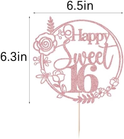 Rose Gold Glitter Happy Sweet 16 Cake Topper - Happy 16th Birthday Cake Decor - Hello 16, Cheers to 16 Years Birthday Party Decoration Supplies (rose gold)