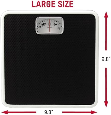 Taylor Analog Bath Scale, Classic Dial Body Weight Monitor, Mechanical Non-Digital Weighing Device with 300 lb Capacity, Battery-Powered Design, Sleek Black Finish for Daily Home Use, Black