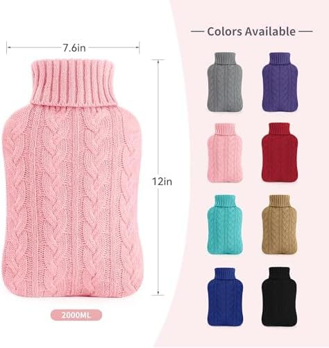 samply Hot Water Bottle with Knitted Cover, 2L Hot Water Bag for Hot and Cold Compress, Hand Feet Warmer, Ideal for Menstrual Cramps, Neck and Shoulder Pain Relief, Pink