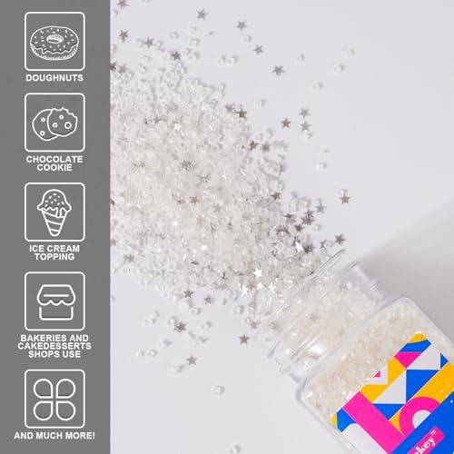 White Sanding Sugar Edible Silver Glitter Stars Mix, 3.5oz White Sugar Sprinkles for Cake Decorating, Sparkling Sugar Crystals for Cupcake Toppers Cookie Decorations for Wedding Party Celebrations