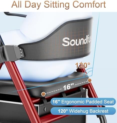 SOUNDFUSE Rollator Walkers for Seniors with Seat, Foldable Lightweight Rolling Walker with 8" Big PU Wheels, Ergonomic Seat, Dual Height Adjustment