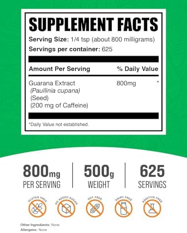 BulkSupplements.com Guarana Extract Powder - Natural Caffeine Supplement, from Guarana Seed, Guarana Powder - Gluten Free, 800mg per Serving, 500g (1.1 lbs) (Pack of 1)