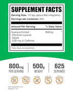 BulkSupplements.com Guarana Extract Powder - Natural Caffeine Supplement, from Guarana Seed, Guarana Powder - Gluten Free, 800mg per Serving, 500g (1.1 lbs) (Pack of 1)