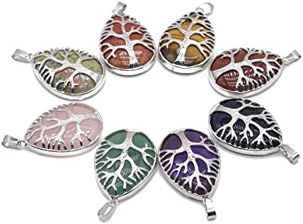 QSLLER 5PC Natural Pendant Life Tree Opal Rose Quartz Agate Tiger Eye Healing Crystal Charms for Jewelry Making DIY Necklaces