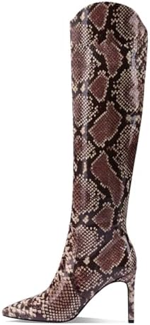 JANSEVEN Snakeskin Knee High Boots for Women Snake Skin Tall Boot with Stiletto High Heel Python Print Pointed Toe Fashion Boots Side Zipper