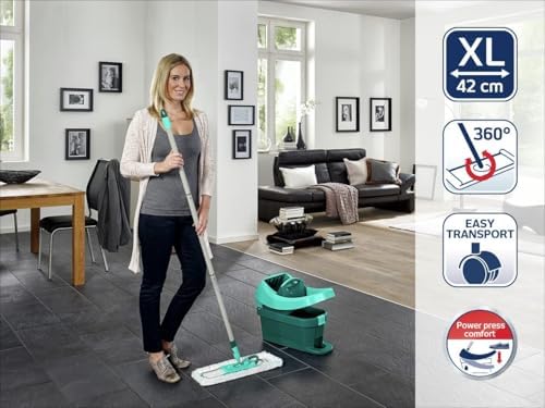 Leifheit Floor Cleaning Profi XL Mop and Bucket Set – 42 cm Microfibre Mop for Large Floors with 360° Joint, Foot-Pedal Wringing System, Heavy Duty 8 L Bucket, Easy Moist or Wet Cleaning, Turquoise
