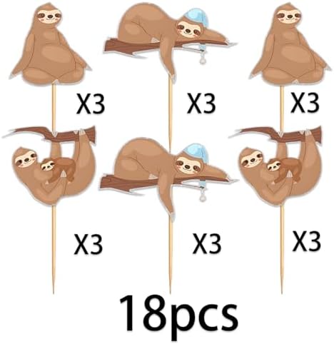 18pcs Glitter Sloth Cupcake Topper for Animal Theme Party Favors Decorations Men Women Happy Birthday Party Decor Supplies