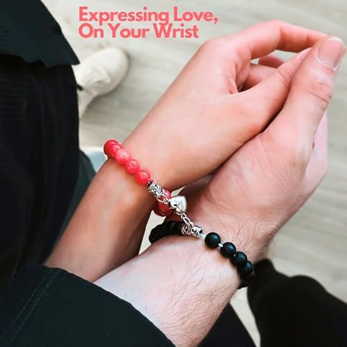 Set Of 2 Couples Bracelet Magnetic Healing Natural Bead Stone Stretch Bracelet Unisex Anniversary, Friendship, Valentine, Christmas Gift