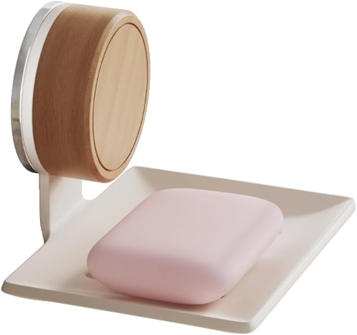 Self Adhesive Soap Dish, No Drill Wall Mounted Soap Holder, Metal Soap Saver with Drainage Tray, Waterproof Bathroom Soap Rack with Wood Accent for Shower Kitchen Sink(White)