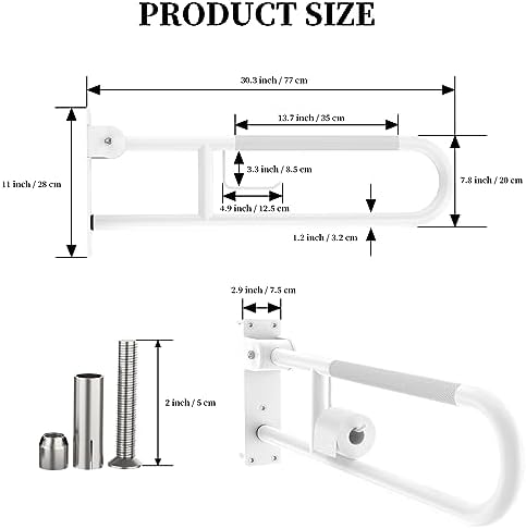 Toilet Grab Bar 30.3 Inch, YuanDe White Anti-Slip Support Rail, U Shaped Flip-Up Grab Bar with Paper Holder, Stainless Steel Knurled Handicap Safety Handrails for Disabled Elderly Pregnant