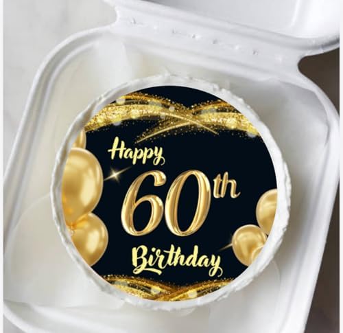 Happy 60th Birthday Edible Cake Topper, Black and Gold Glamorous Design, Icing Sheet for Cake Decoration
