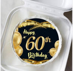 Happy 60th Birthday Edible Cake Topper, Black and Gold Glamorous Design, Icing Sheet for Cake Decoration