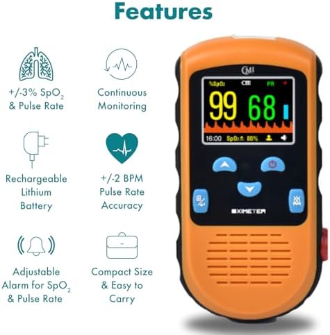 CMI Health Rechargeable Pulse Oximeter - Adult Finger Sensor for Continuous Monitoring & Spot-Checking - Adjustable Alarm for Pulse Rate and SpO2 Levels - Carry Case, AC Adapter Included