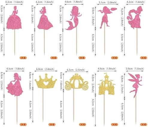 Rsstarxi 40 Pack Princess Cupcake Toppers Pink Glitter Fairy Mermaid Girl Castle Carriage Crown Cupcake Picks for Princess Theme Baby Shower Girls Birthday Party Cake Decorations Supplies
