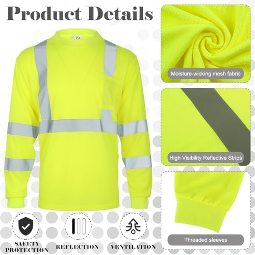Amylove 4 Pcs Long Sleeve Safety Shirt High Visibility Reflective Construction Work Shirts for Men Women(XXXL,Yellow, Orange, Black, Blue)