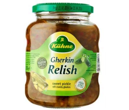 Kuhne Sweet Pickle Gherkin Relish 350g - Mustard gherkin relish with crunchy gherkin cubes and mustard. Complements meat dishes, sandwiches or hot dogs.
