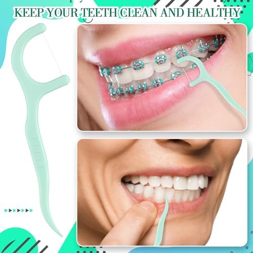 Baderke 200 Count Floss Picks Bulk Non Breakable Tooth Picks Flosser Dental Floss Sticks for Adults Teeth Cleaning Dental Flossers for Family Pack Travel (Light Green)