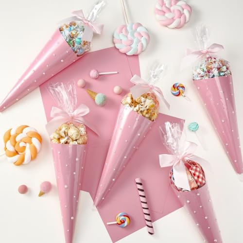 Yexiya 156 Pcs Pink Bow Cone Cellophane Bag Set DIY Sweet Cones Shaped Treat Bags Pink Card Paper, Bow and Pearl Patches for Party Favors Sweet Snack Popcorn Packing Gift