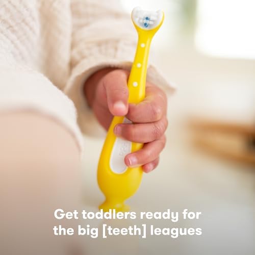 Frida Baby Training Toothbrush, For Toddlers 18-24 Months, Easy-Grip Handle, Triple Angle Bristles, Soft Bristles, Stay-Put Suction Cup, Yellow