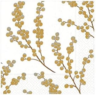 Entertaining with Caspari Berry Branches Paper Cocktail Napkin, White and Gold, Pack of 20