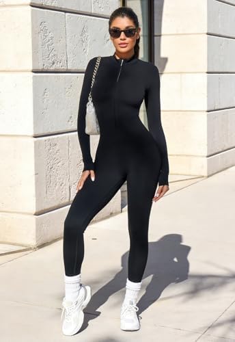 ECUPPER Women Long Sleeve Bodycon Jumpsuits Workout Zip Up Unitard One Piece Full Bodysuits Sexy Yoga Rompers Pants