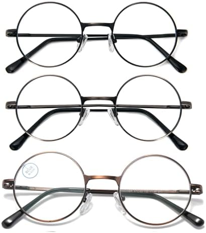 3 Pack Round Frame Reading Glasses Blue Light Blocking Reader Metal Full Frame Retro Glasses