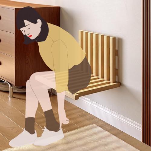 OLizee® Wall-Mounted Folding Stool Shower Seat Bench Entryway Stool Chair Wood Porch Chair Solid Invisible Shoe Changing Stool for Kids Adults Maximum Load 150lb Wood Color