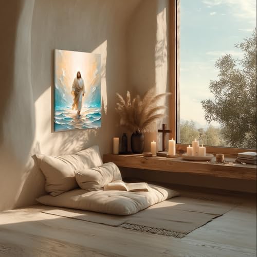 Cyebmo Framed Jesus Walking on Water Wall Art, Abstract Jesus Portrait Wall Decor, Blue Inspirational Christian Poster Print, Minimalist Biblical Wrapped Canvas Artwork for Prayer Church 12x16 Inch