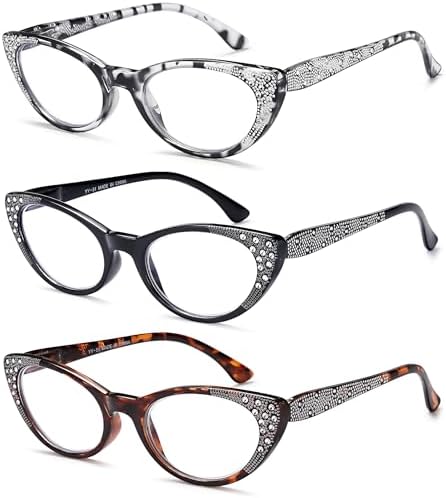 EYEURL 3-Pack Cat Eye Reading Glasses for Women Blue Light Blocking Computer Readers with Rhinestones Anti UV Rays Eyeglasses with Spring Hinges 2.50