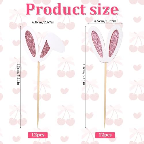 24 Pack Easter Bunny Ear Cupcake Toppers, Easter Day Rabbit Ears Cupcake Picks Glitter Rabbit Ear Cake Toppers for Baby Shower Birthday Party Cake Decorations Supplies