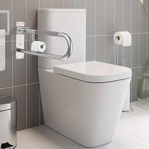 Toilet Grab Bar 22.4 Inch, YuanDe Brushed Nickel Anti-Slip Support Rail, U Shaped Flip-Up Grab Bar with Paper Holder, Stainless Steel Knurled Handicap Safety Handrails for Disabled Elderly Pregnant