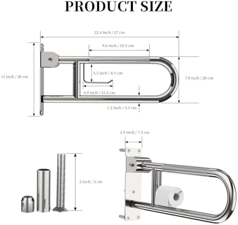 Toilet Grab Bar 22.4 Inch, YuanDe Flip Up Grab Bar with Paper Holder, Polished Chrome Anti-Slip Safety Bars for Toilet, Stainless Steel Knurled Toilet Handles for Seniors Disabled Elderly Pregnant