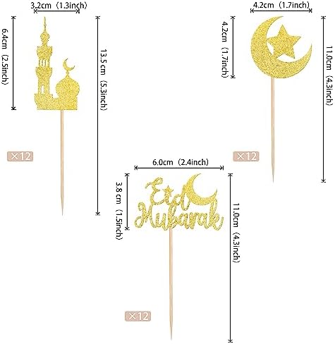 24 PCS Eid Mubarak Cupcake Toppers Gold Glitter Moon Star Ramadan Kareem Cupcake Picks for Eid Islamic Muslim Theme Party Cake Decorations Supplies