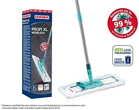 Leifheit Profi XL Micro Fibre Mop - Deluxe 46 cm Large Flat Head, Sturdy 3 Part Handle, Easy Steering, Thick Micro Fibre for Highly Effective Floor Cleaning, Turquoise