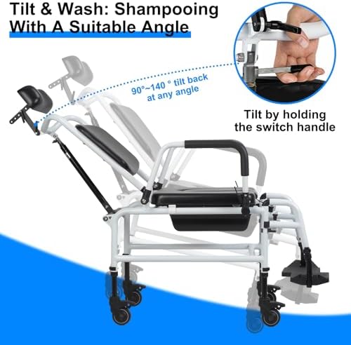 Reclining Shower Chair with Wheels, Commodes Wheelchair Toilet Chair with Headrest Padded Seat Flip-up Arm and Foot Rests,Tilt Rolling Shower Chairs for Elderly, Disabled, Handicap